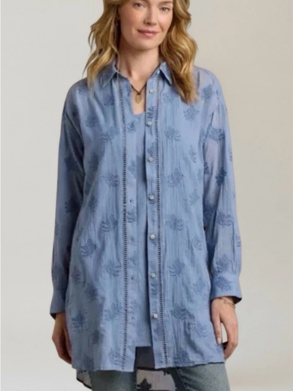 Sundance Boho Embroidered Gauze Button Down Tunic Top PM NWOT